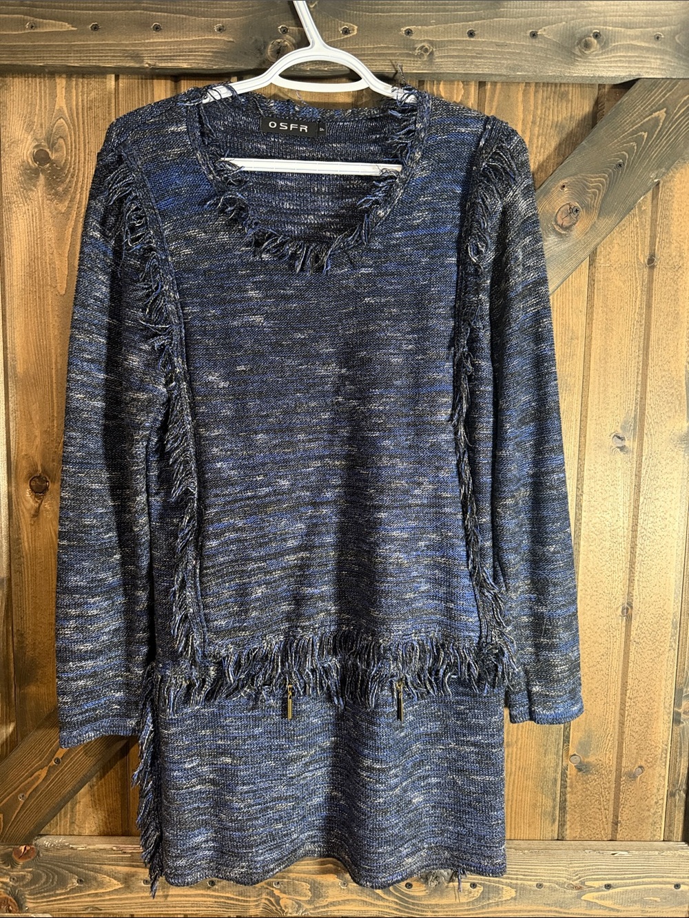 Blue Fringe Knit Long Sleeve Dress